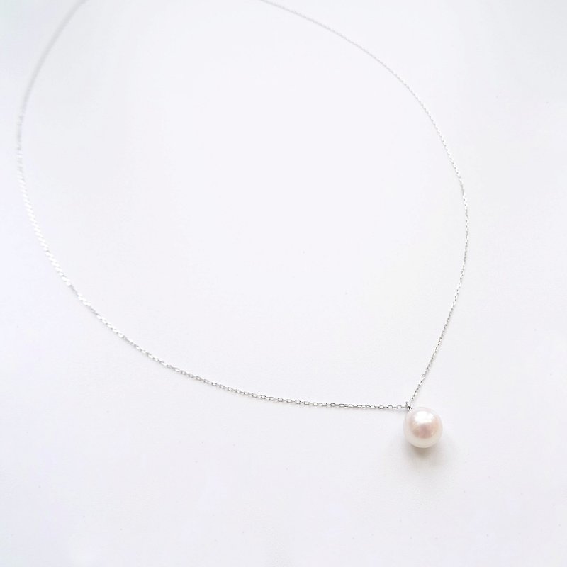 18K White Solid Gold Quality Freshwater Pearl Charm Adjustable Dainty Necklace - สร้อยคอ - ไข่มุก สีเงิน
