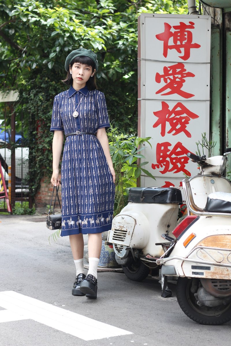 Blue baroque chain vintage short-sleeved dress - One Piece Dresses - Polyester Blue