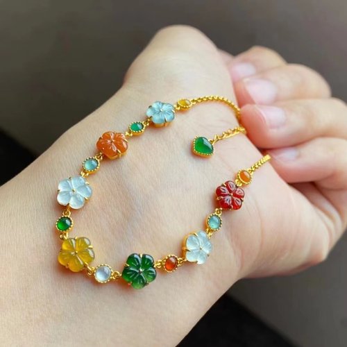 Good Morning Studio 冰種翡翠 天然翡翠 A玉 手鏈 • 18k金彩色花朵翡翠手鏈