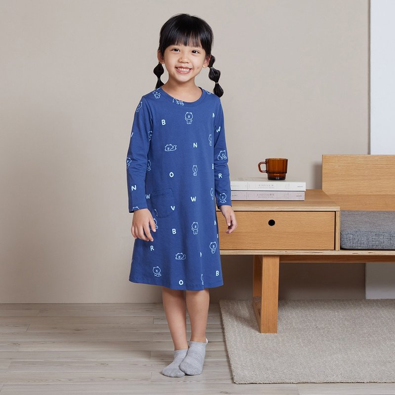 【童裝】LINE FRIENDS | 熊大印花長袖洋裝-紳士藍M - 女童洋裝/裙子 - 棉．麻 藍色