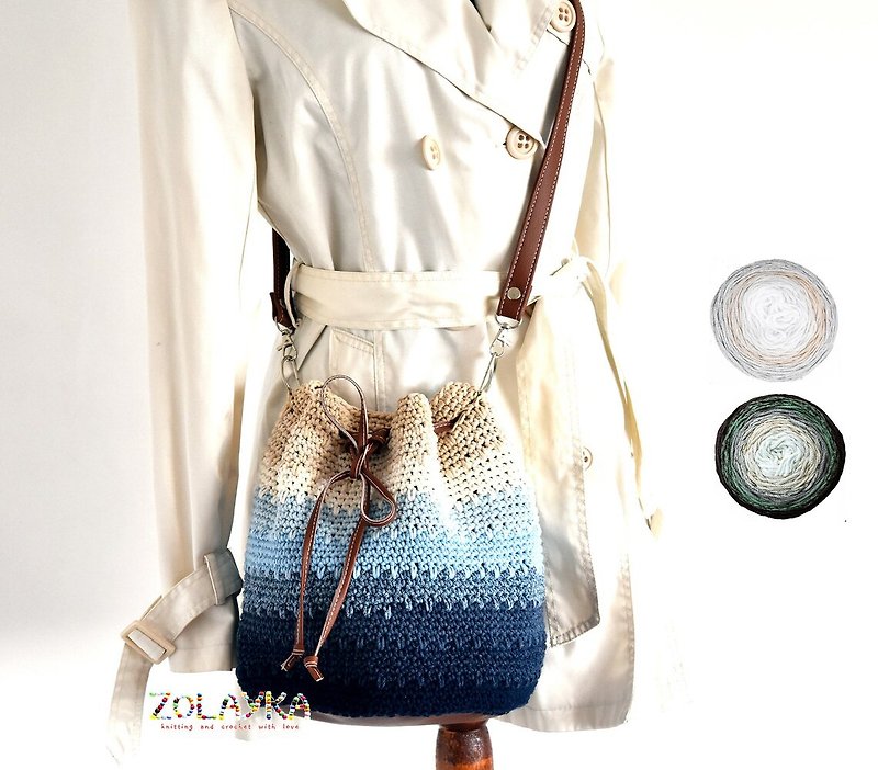 ผ้าฝ้าย/ผ้าลินิน กระเป๋าแมสเซนเจอร์ สีน้ำเงิน - Blue bucket bag, crossbody cotton bag crochet,