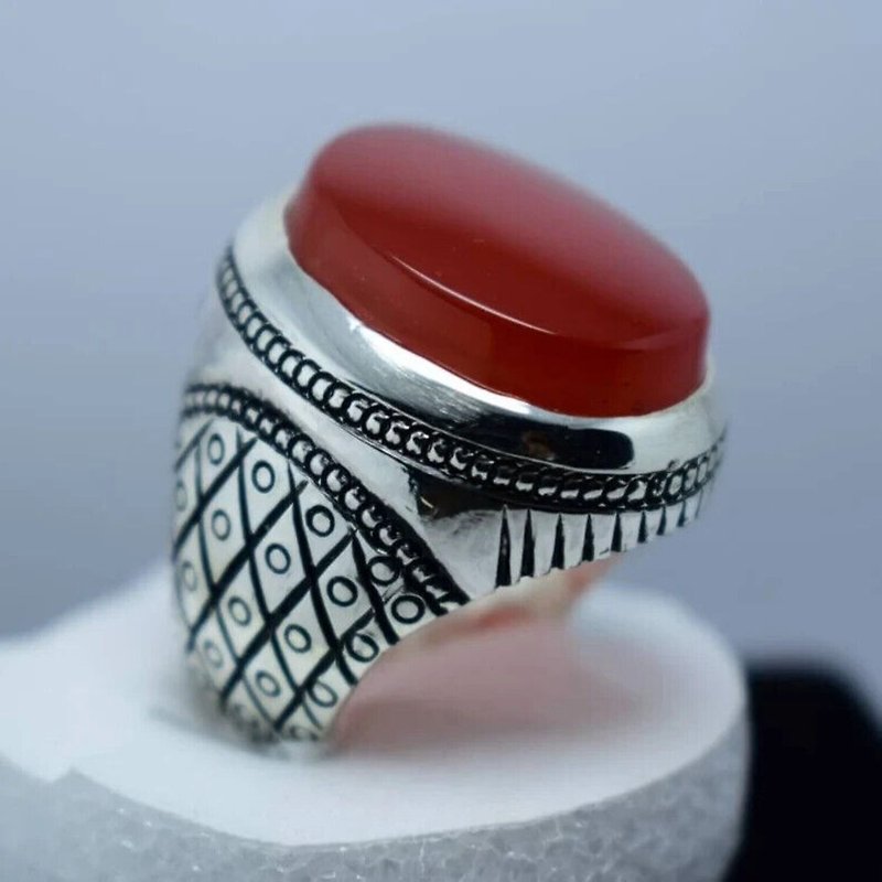 Real Dark Brown Aqeeq Ring Mens Aqeeq Ring Islamic Rings Shia Rings Agate Rings - 戒指 - 寶石 紅色
