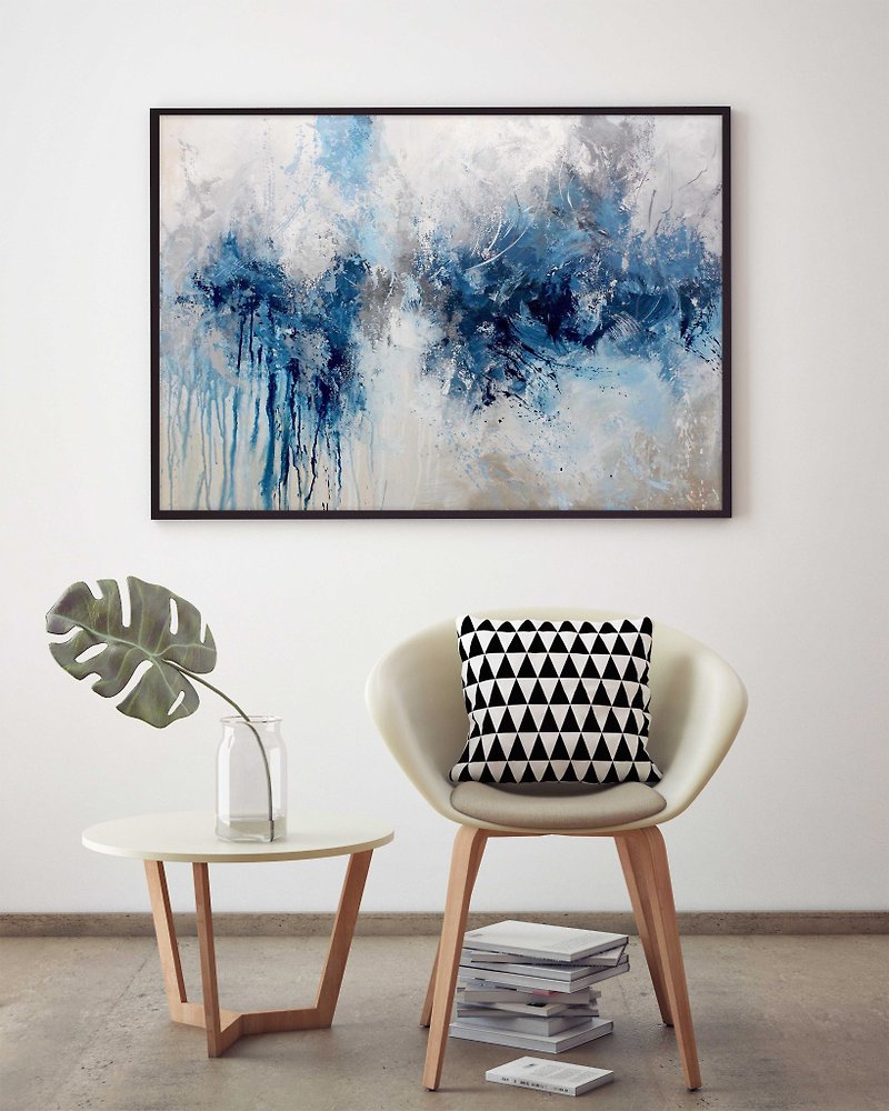 Blue White Painting |  Blue White Abstract | Blue Wall Art | Evening Rain - Wall Décor - Cotton & Hemp 