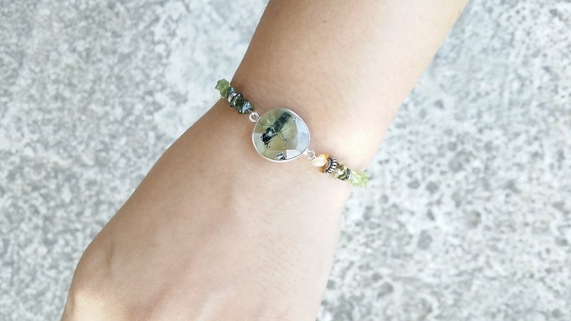 共生  ｜ Silver   Prehnite  礦石  純銀  葡萄石  橄欖石 - 手鍊/手環 - 寶石 綠色