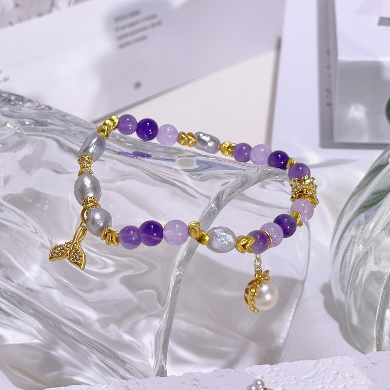 Balanced Mermaid and Cat Amethyst | Baroque Freshwater Pearl | Crystal Bracelet A2404 - สร้อยข้อมือ - คริสตัล สีม่วง