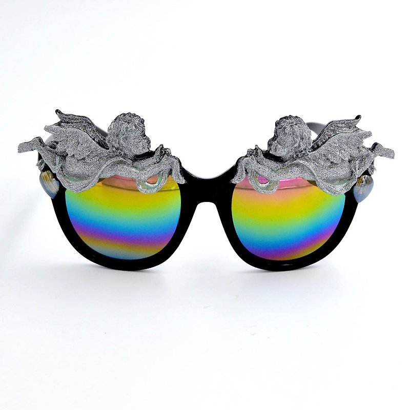 Silver Angel Black Frame Rainbow Lens Sunglasses All Handmade - Glasses & Frames - Plastic Silver