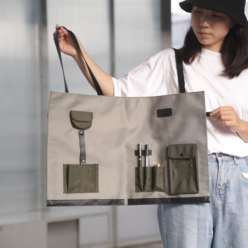 Leather X recycled nylon can hold A3 drawings folding designer tote bag with detachable small shoulder bag gray - Handbags & Totes - Waterproof Material Gray