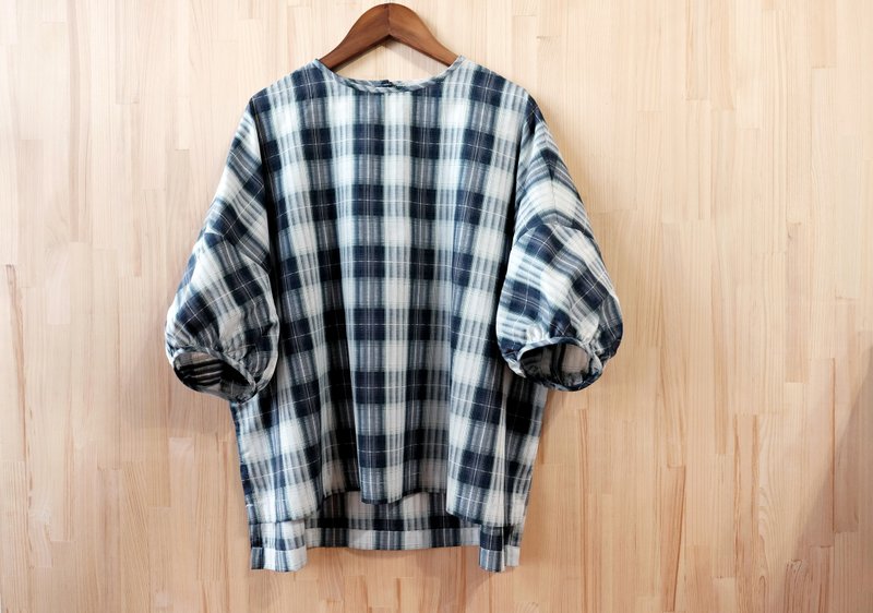 Round neck puff sleeve top/ Teal plaid - Women's Tops - Cotton & Hemp Multicolor