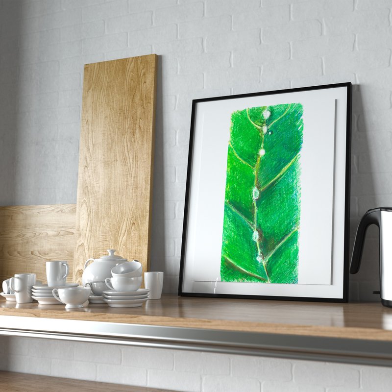 Oil pastel drawing, green leaf. Original art. Home decor, handmade gift, poster - 壁貼/牆壁裝飾 - 紙 綠色