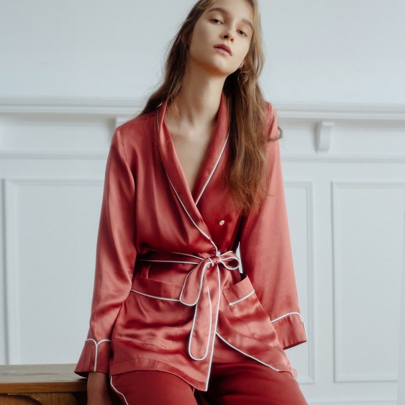 Silk red pajamas suit French simple original home service bride long sleeve autumn and winter women - Loungewear & Sleepwear - Silk Red