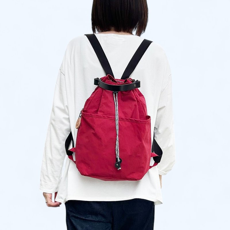 KONBU Wine Backpack, Water-repellent nylon material, Drawstring backpack, Made to order - กระเป๋าเป้สะพายหลัง - ไนลอน สีแดง