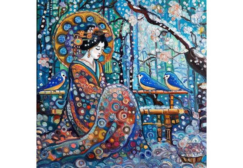 原創畫 The Geisha and birds  Painting  Original Art  Oil Painting  Oil On Canvas - 壁貼/牆壁裝飾 - 其他材質 藍色