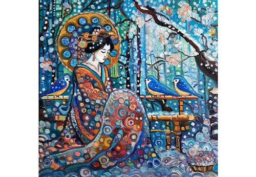 OlgaShelArt 原創畫 The Geisha and birds Painting Original Art Oil Painting Oil On Canvas