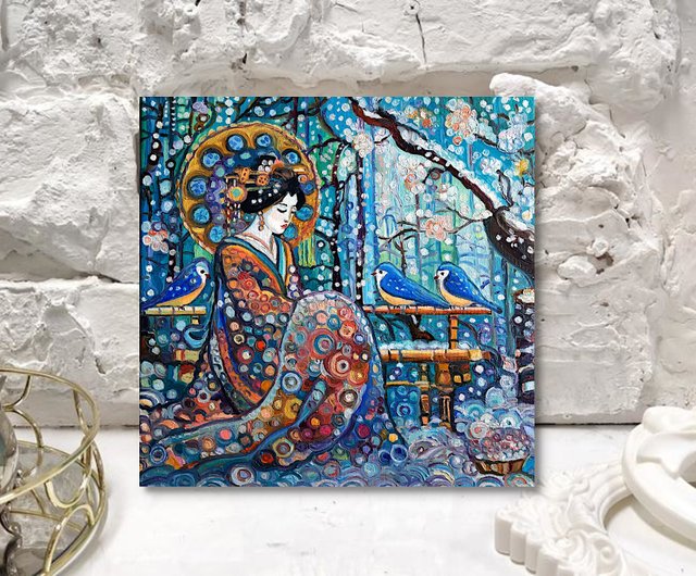 アパレル通販サイトランキング 芸者と鳥 原創畫 絵画 キャンバスに油彩 油絵 オリジナルアート 絵画