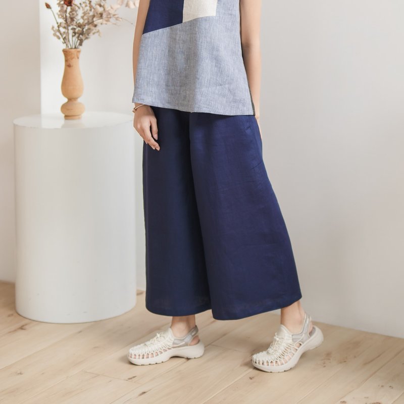 Natural Linen Pants Wide Leg Pants - Navy Blue - Women's Pants - Linen Blue