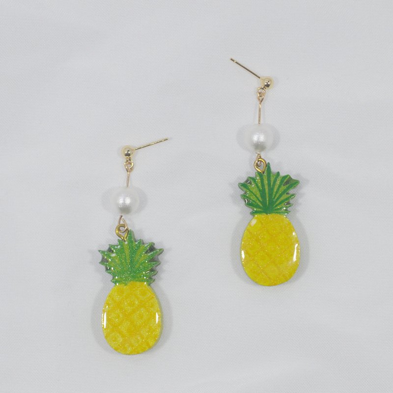 四季 夏日熱帶風情黃色菠蘿鳳梨 造型耳環 手繪木製 - 耳環/耳夾 - 木頭 黃色