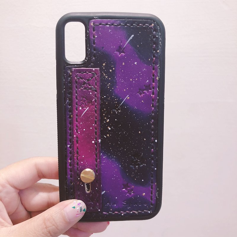 Hand-stitched Hand-dyed Starry Sky Series-Purple Black Starry Sky IPhone X / XS Anti-drop Mobile Phone Case - เคส/ซองมือถือ - หนังแท้ หลากหลายสี