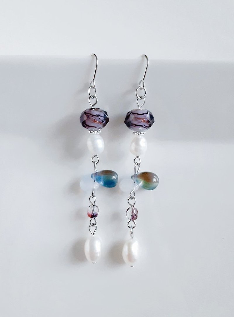 Elegant freshwater pearls sway. Long earrings with plump drops and dragonfly beads. Purple. Stylish. Present. Allergy-friendly earrings or Clip-On can be changed. - Earrings & Clip-ons - Glass Purple