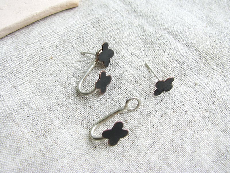 flower stud earings, ear jackets,black flower earrings,minimalist flower jewelry - 耳環/耳夾 - 銅/黃銅 銀色
