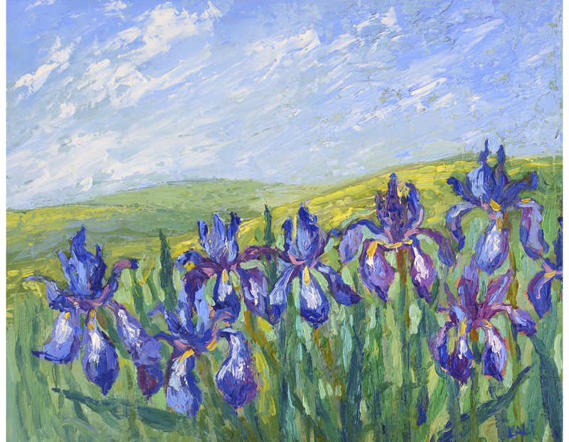 Irises Original Oil Painting on Canvas 24x30cm Blue Flowers Painting Modern art - Illustration, Painting & Calligraphy - Other Materials Blue