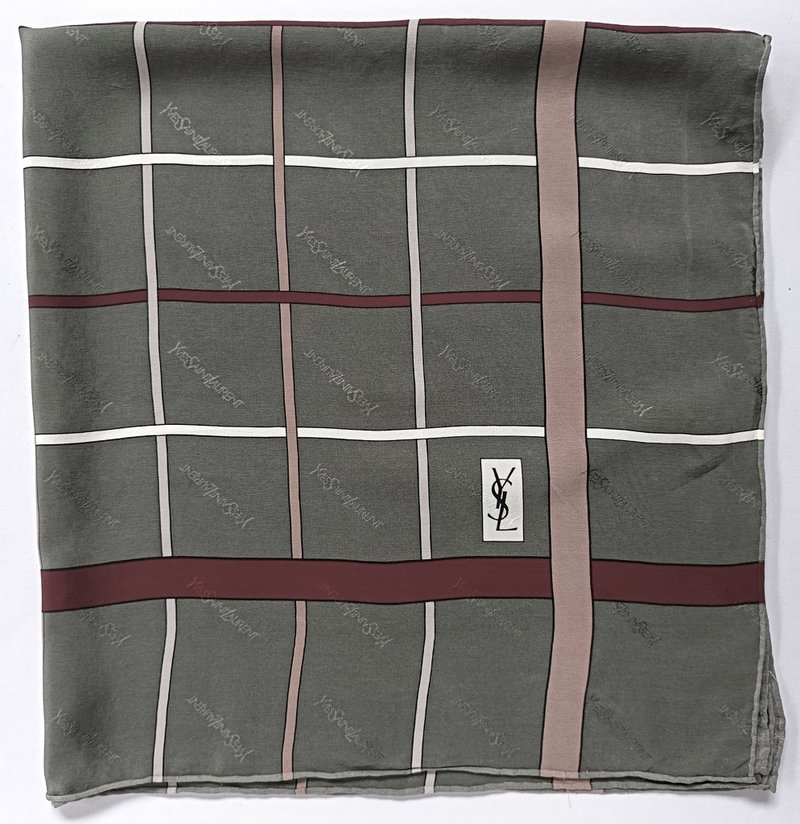 Yves Saint Laurent 格紋絲巾，30 x 30 英吋，100% 絲綢，節日禮物 - 絲巾 - 絲．絹 綠色