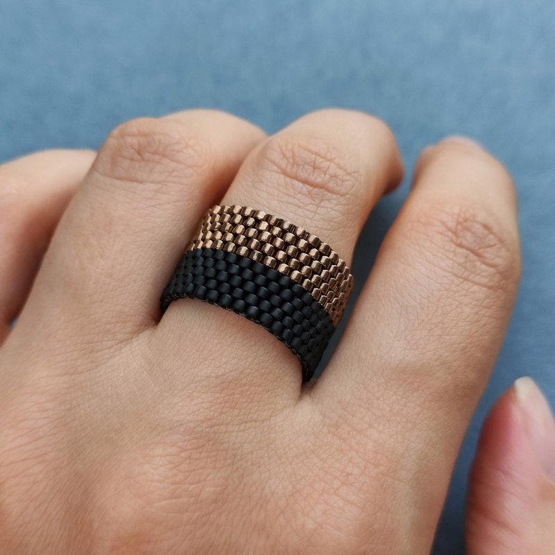 Bronze, black beaded ring Beautiful handmade ring Wide geometric flexible ring - General Rings - Glass Black