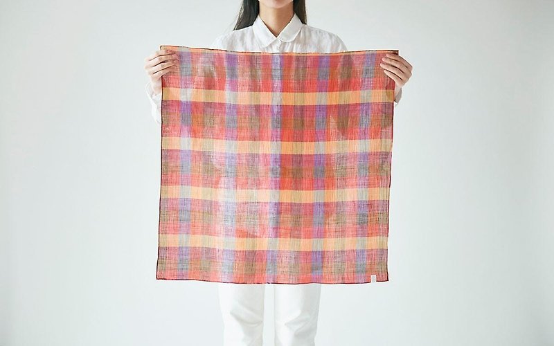 Ramie ahead dyed check square cloth orange × red - อื่นๆ - ผ้าฝ้าย/ผ้าลินิน สีส้ม