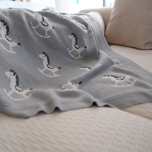 Sliving 純棉提花木馬針織沙發毯 蓋被 兒童毛毯