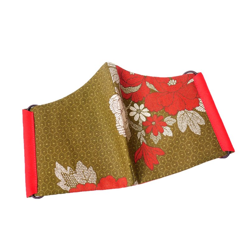 [Inseparable cloth] Three-dimensional cloth mask without cutting thread in the center-olive green ancient flower × red - Face Masks - Cotton & Hemp Khaki