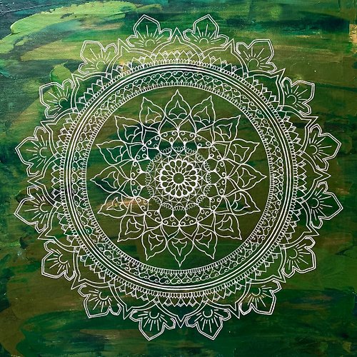 OmMandalaOm White green mandala Sacred geometry painting Meditation esoteric symbolic art