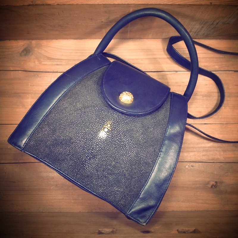 Old bone pearl fish skin x leather portable side back two small bag Vintage - Handbags & Totes - Genuine Leather Blue