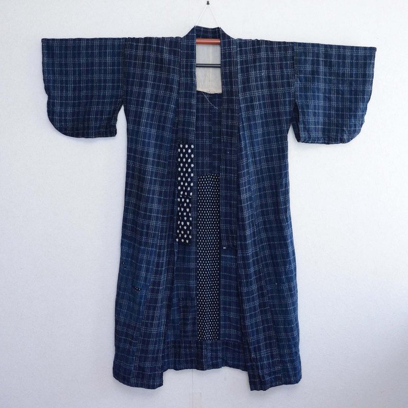碎白道花纹布和服靛藍染色湯瘋狂圖案棉日本複古長木大正昭和 - 女大衣/外套 - 棉．麻 藍色