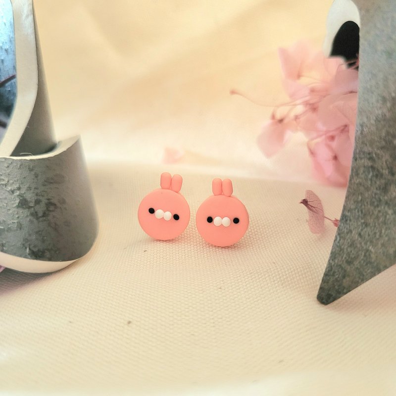 Purely handmade soft clay jewelry, cute rabbit earrings, ear pins/ Clip-On - Earrings & Clip-ons - Clay Pink