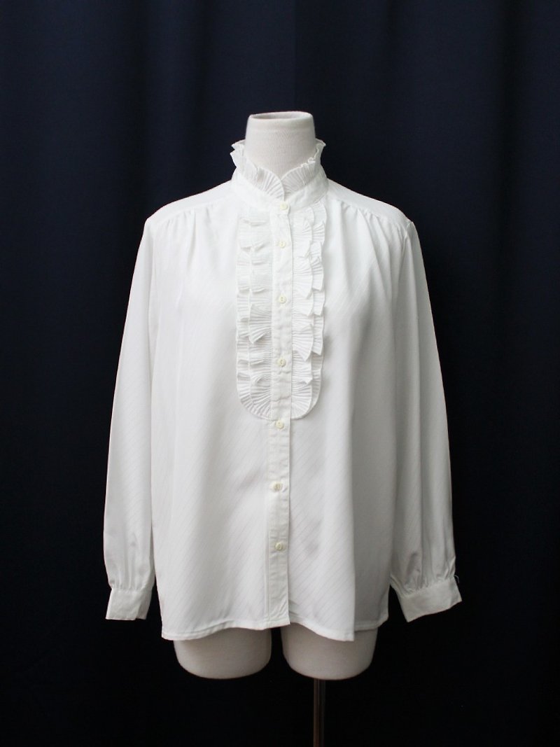 [RE0215T1756] Nippon Department of Forestry collar striped shirt loose white vintage - เสื้อเชิ้ตผู้หญิง - เส้นใยสังเคราะห์ ขาว