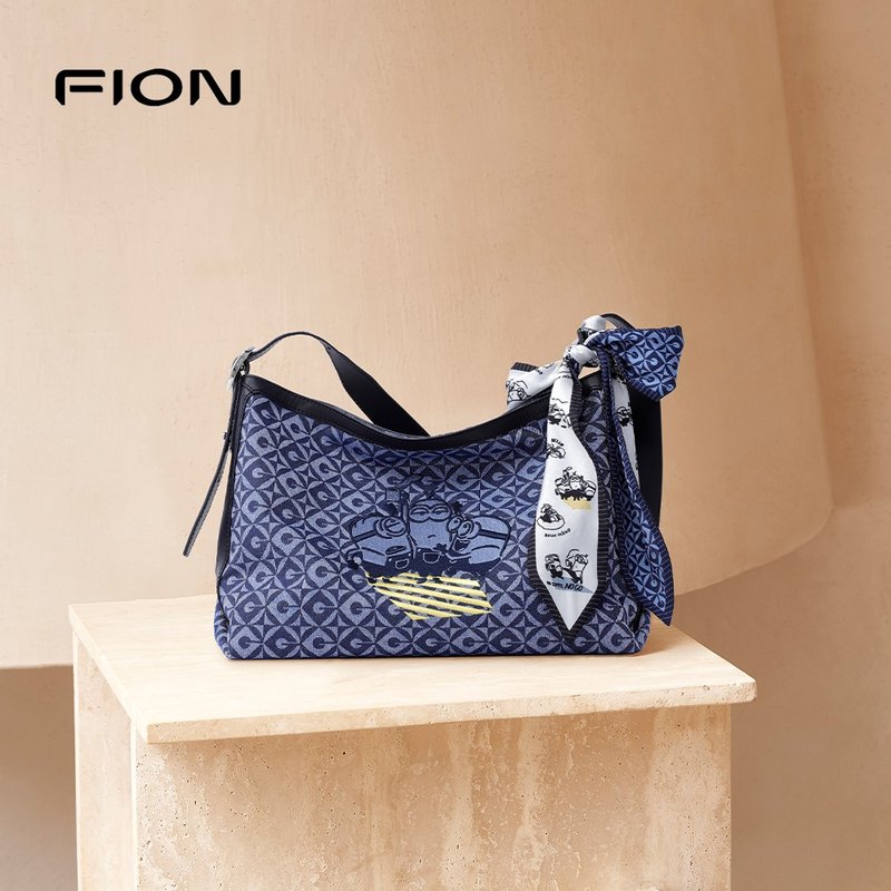 【Free Gift Event】Minions Jacquard with Leather Shoulder Bag - กระเป๋าแมสเซนเจอร์ - งานปัก สีน้ำเงิน