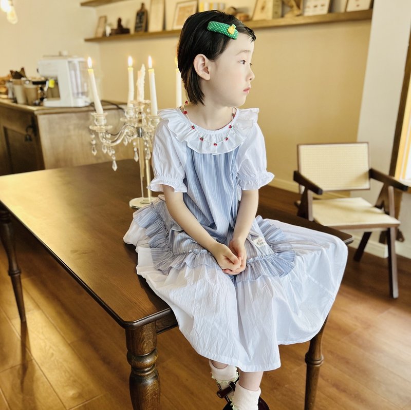 Korean style striped patchwork little princess dress/skirt children's dress - Skirts - Cotton & Hemp Blue