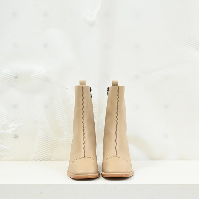 簡約線條-高筒歐美風粗跟靴-奶茶色 - 女短靴/中筒靴 - 真皮 金色