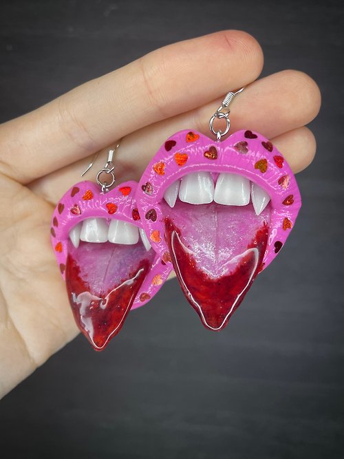 Polymer Diary Earrings. Pink lips with fangs.