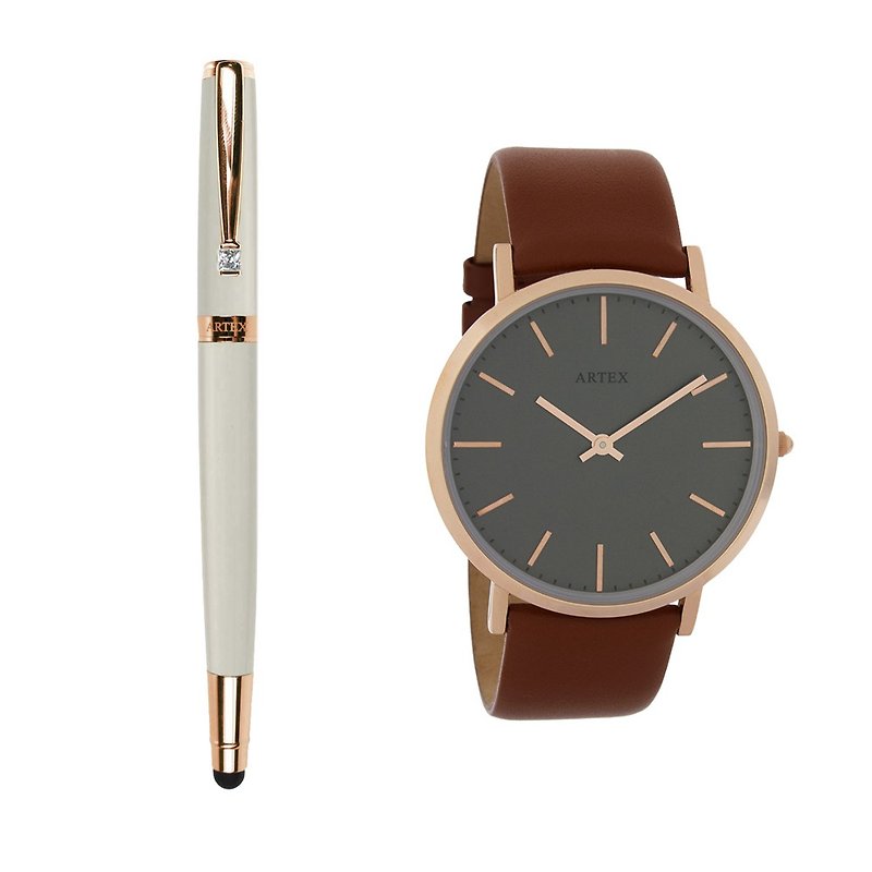 【即將完售5折】ARTEX 雅致觸控鋼珠筆-玫瑰金/白管+Style手錶