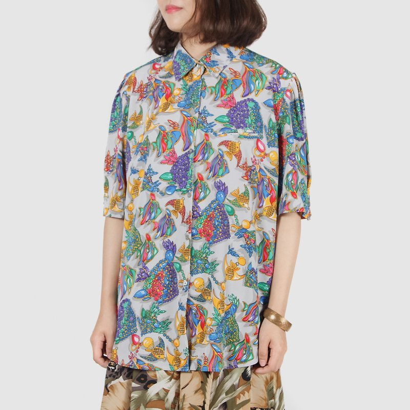 [Egg Plant Vintage] Gem Fish Group Print Short Sleeve Vintage Shirt - Women's Shirts - Polyester Multicolor