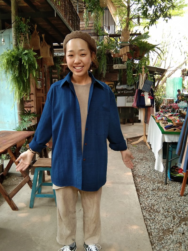 hand-woven cotton fabric long sleeve shirt (blue)