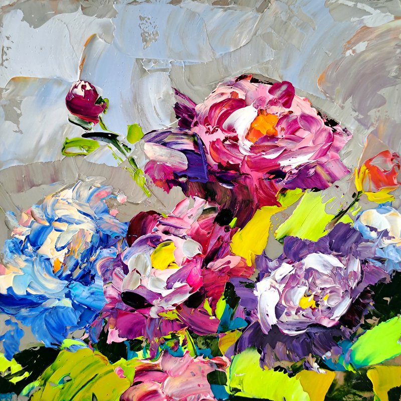 Peonies Painting Floral Wall Art Peony Impasto Oil Painting Flower Original Art - 海報/掛畫/掛布 - 其他材質 多色