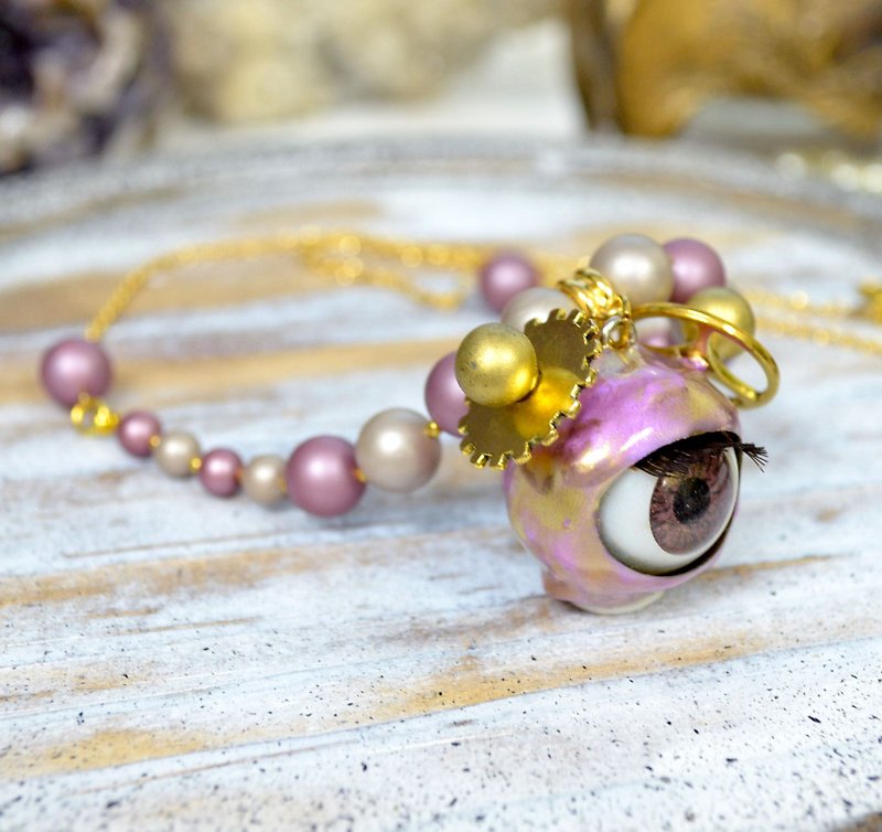 TIMBEE LO Symphony Pink Gold Ball Ears Eyeball Necklace Monster Series Shell Pearl Real Gold Plated Necklace - Necklaces - Other Metals Pink