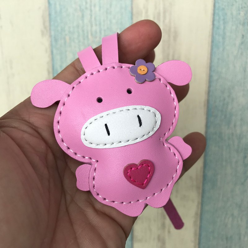 Healing small things pink cute piggy hand-stitched leather charm small size - พวงกุญแจ - หนังแท้ สึชมพู