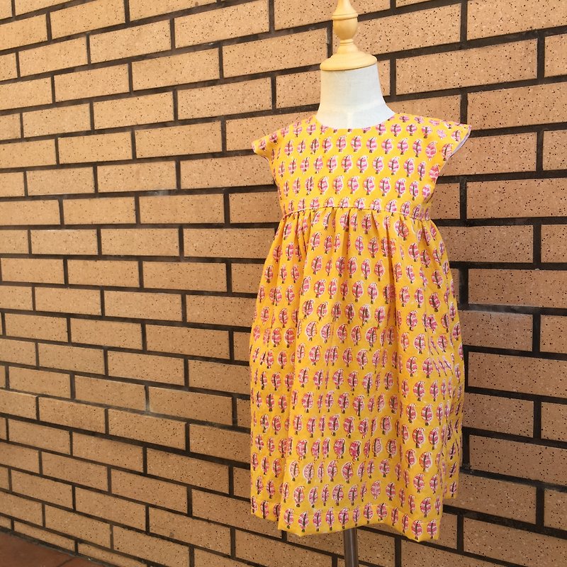 女の子の偽の袖のドレス - 黄色の羽 - キッズドレス - コットン・麻 イエロー