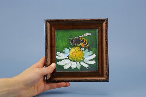 Nataly Mak BumbleBee Small Oil Painting Bee Original Art Chamomile Painting Floral Artwork