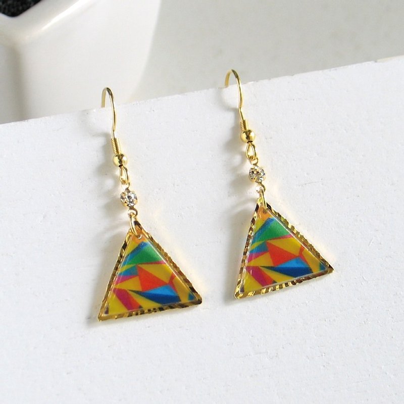 耳環　北歐　三角形　彩色玻璃　原色　triangle　stained glass　vivid　0201 - 耳環/耳夾 - 其他金屬 多色