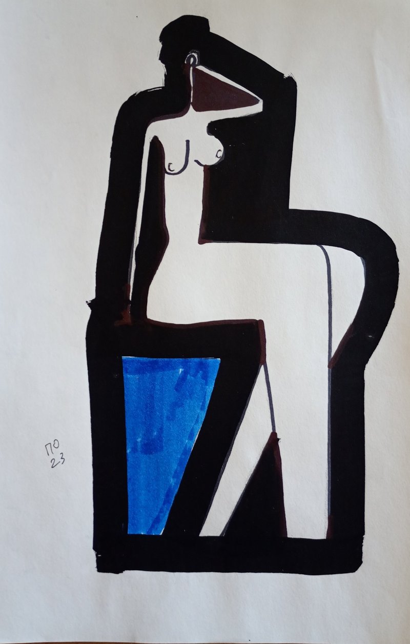 Very stylish and conceptual cubist style nude woman on chair body drawing - โปสเตอร์ - กระดาษ ขาว