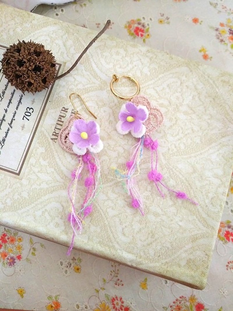 Garohands Forest Fairy Purple Rose Small Flower Lace Ribbon Handle Earring D104 Gift Temperament Romantic Forest - Earrings & Clip-ons - Other Materials Purple