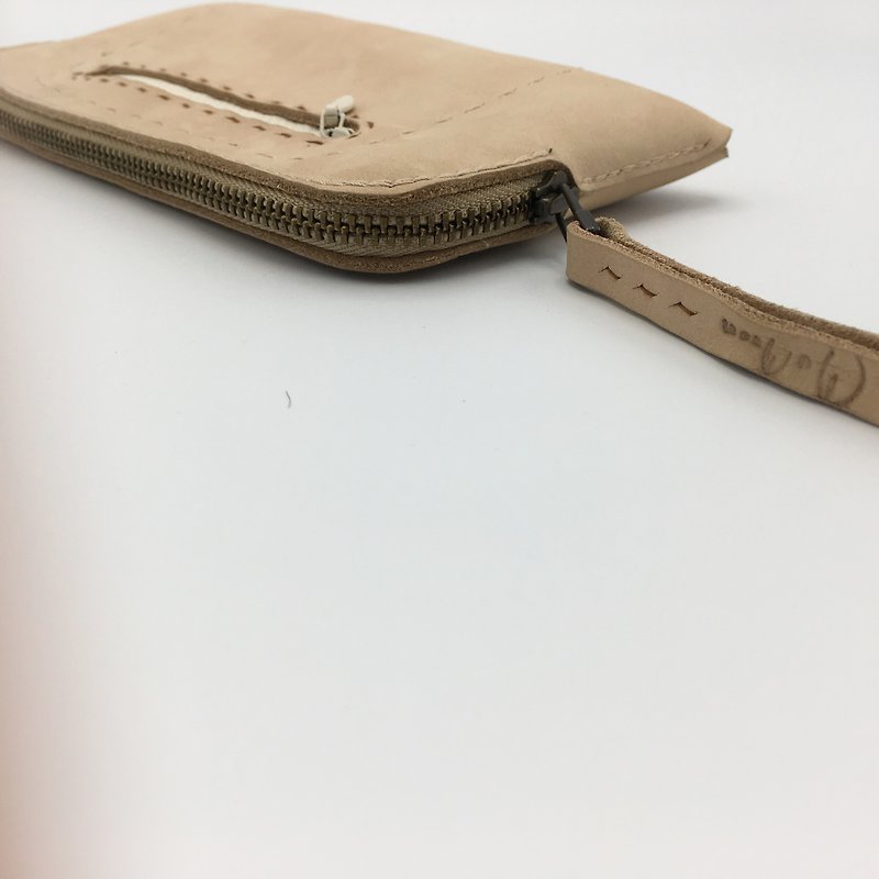 Handmade minimal designed long zipped wallet Small light cream genuine leather